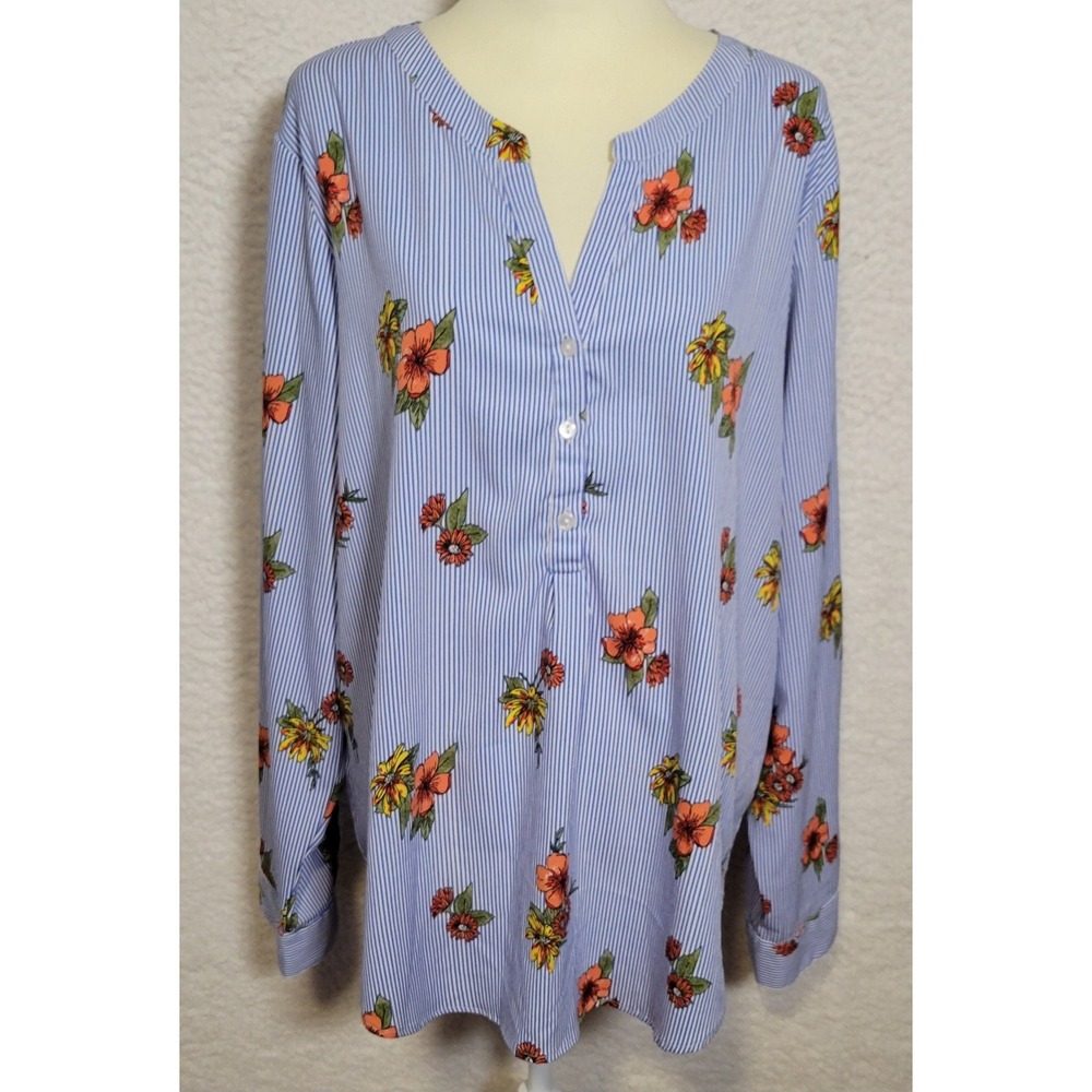 The Skyline Collection Womens Blouse Size 2XL XXL Floral Stripe Long Sleeve 1318